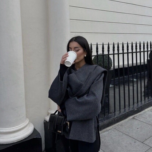 ZARA WOMAN SHORT KNIT COAT WITH ASYMMETRIC SCARF GRAY - Picture 3 of 10